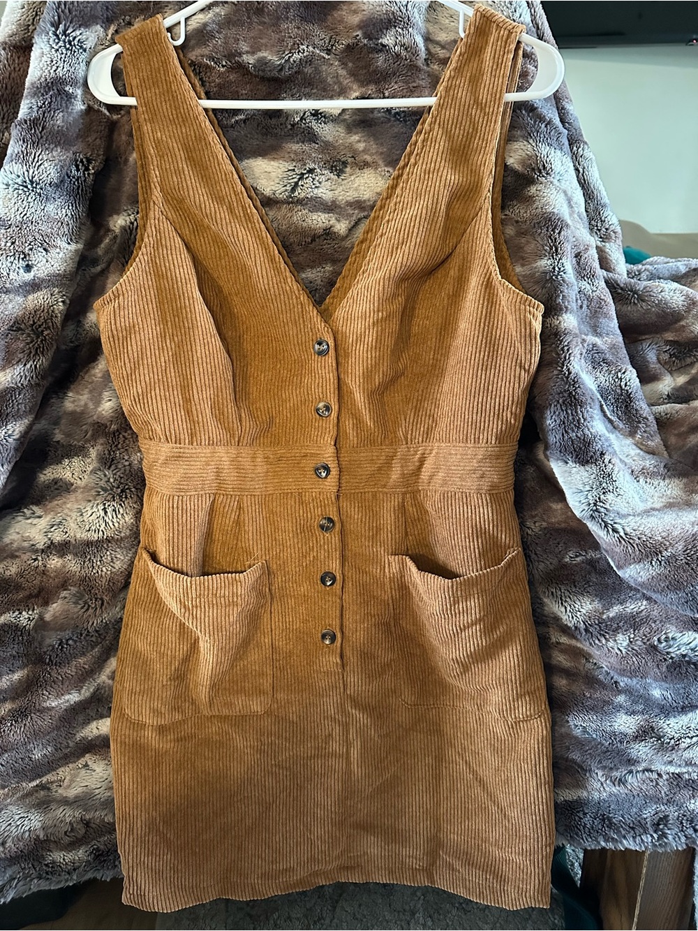 Tan Corduroy Button-Front Mini Pinafore Dress